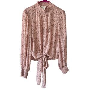 Rachel Zoe Pink Heart Print Mock Neck Long Sleeve Tie Front Blouse Size Small